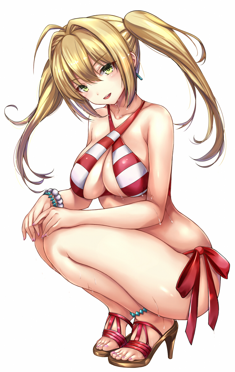 1girl anklet blonde_hair blush bracelet breasts cleavage collarbone eyebrows_visible_through_hair fate/grand_order fate_(series) green_eyes high_heels highres jewelry large_breasts long_hair looking_at_viewer nero_claudius_(swimsuit_caster)_(fate) parted_lips simple_background smile solo squatting taka-kun twintails white_background