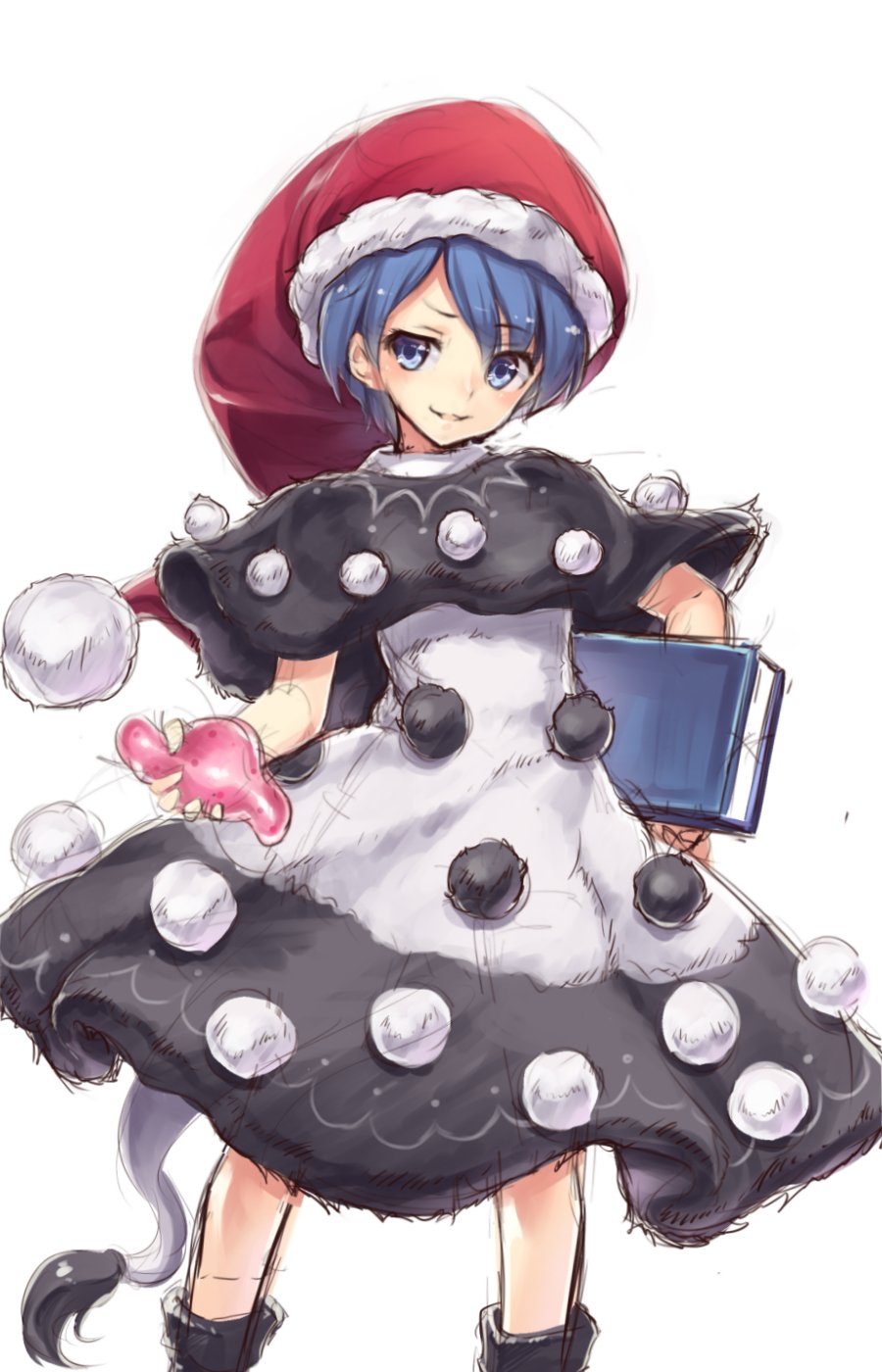 1girl bangs blue_eyes blue_hair book capelet doremy_sweet eyebrows_visible_through_hair hat highres holding holding_book looking_at_viewer nightcap pom_pom_(clothes) short_hair simple_background smile solo standing tail touhou usotsuki_penta white_background