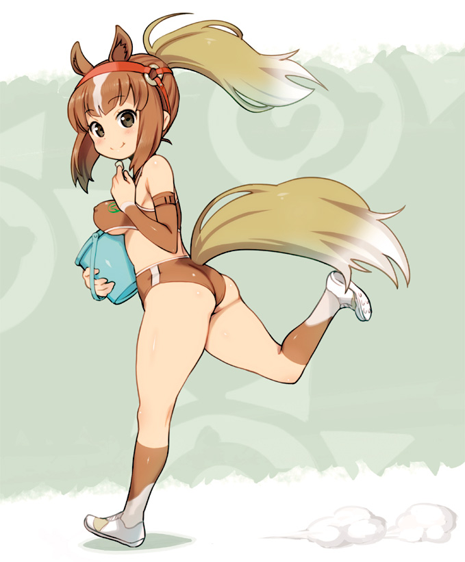 1girl animal_ears ass breasts brown_eyes brown_hair bucket buruma chestnut_thoroughbred_(kemono_friends) detached_sleeves erect_nipples horse_ears horse_tail japan_racing_association kemono_friends long_hair looking_at_viewer medium_breasts multicolored_hair ponytail running ryoji_(nomura_ryouji) smile solo sportswear tail white_hair