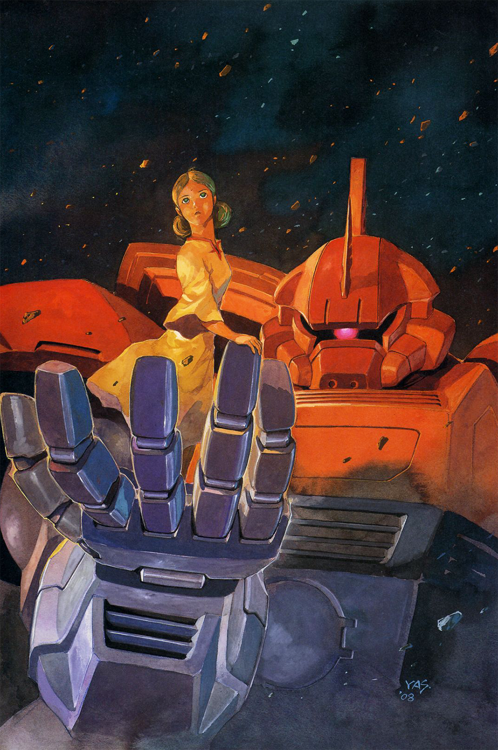 1girl 2008 70s 80s bindi brown_hair carrying dark_skin dated debris dress gelgoog_s_char_custom green_eyes gundam highres hindi lalah_sune mecha mobile_suit_gundam official_art official_style oldschool promotional_art scan science_fiction signature traditional_media yasuhiko_yoshikazu