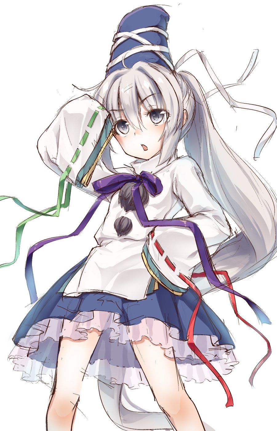 1girl absurdly_long_hair bangs blue_skirt eyebrows_visible_through_hair grey_eyes grey_hair hair_between_eyes hand_on_hip hat highres long_hair mononobe_no_futo open_mouth pom_pom_(clothes) ponytail purple_ribbon ribbon ribbon-trimmed_sleeves ribbon_trim simple_background skirt sleeves_past_wrists solo standing tate_eboshi touhou usotsuki_penta very_long_hair white_background