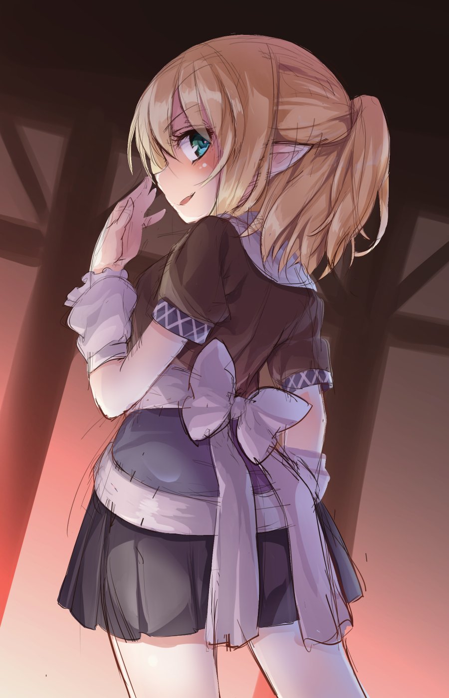 1girl blonde_hair blue_eyes blush cowboy_shot eyebrows_visible_through_hair from_behind hand_up highres looking_at_viewer looking_back mizuhashi_parsee open_mouth pointy_ears profile short_sleeves smile solo touhou usotsuki_penta