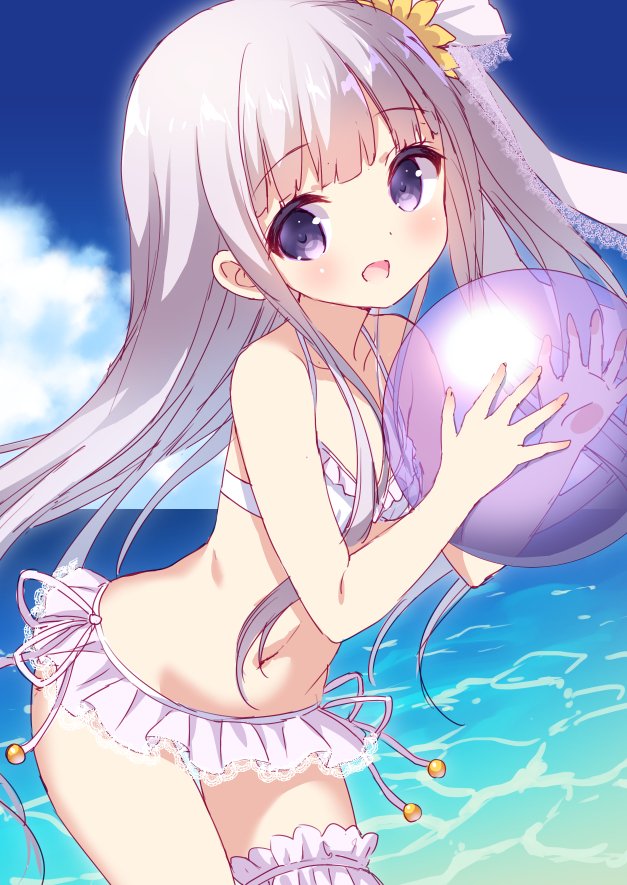 1girl ball beachball bikini bikini_skirt chitosezaka_suzu clouds flat_chest garter_straps gotou_jun holding leaning_forward long_hair navel ocean open_mouth outdoors purple_hair ribbon side_ponytail sky smile solo swimsuit tenshi_no_3p! thigh_strap very_long_hair violet_eyes white_bikini