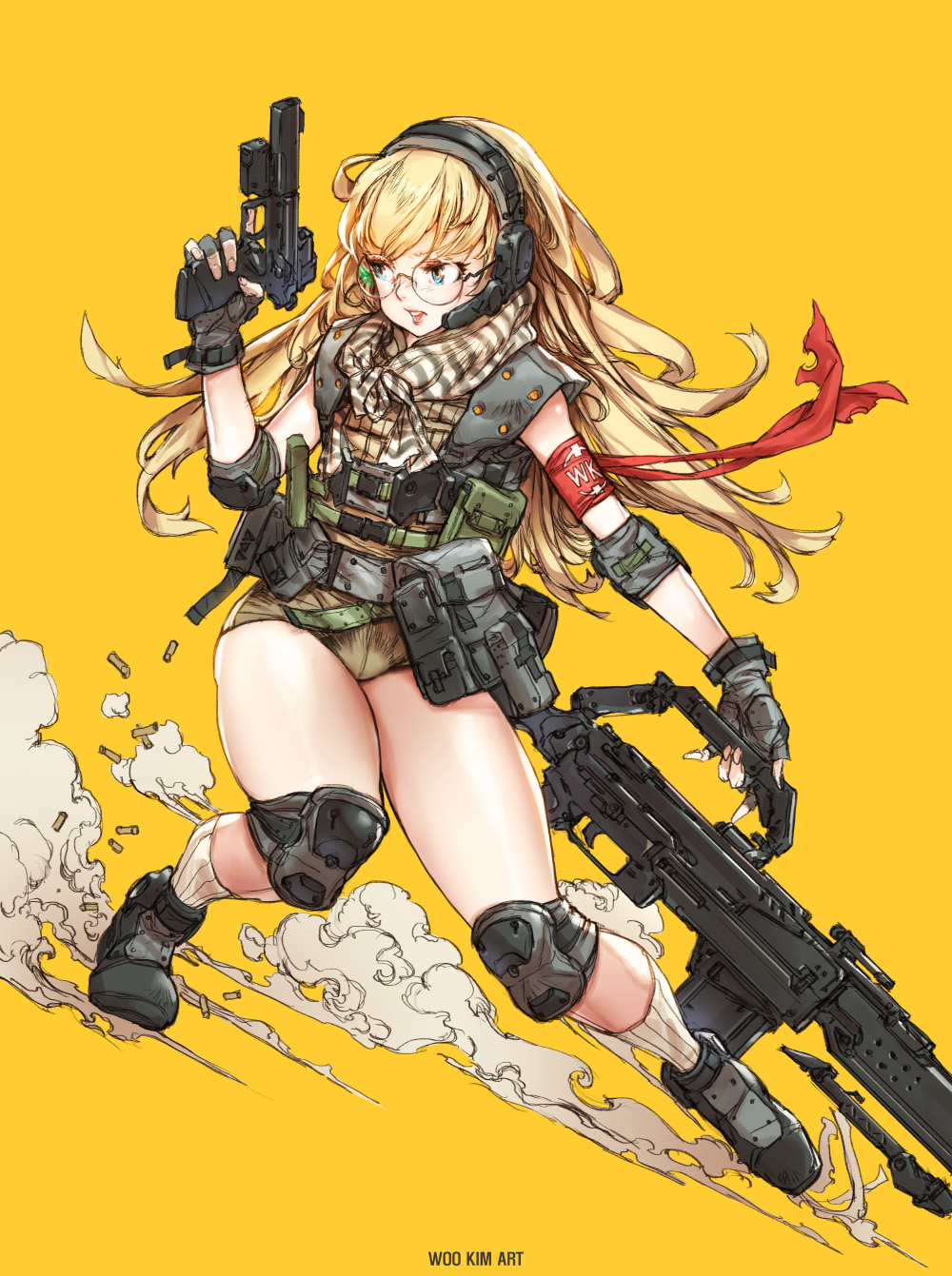 1girl artist_name black_boots blonde_hair blue_eyes boots commentary dutch_angle elbow_pads english fingerless_gloves full_body glasses gloves gun handgun headset highres holding holding_gun holding_weapon knee_pads long_hair looking_to_the_side open_mouth original pistol rifle round_glasses shell_casing sketch socks solo tactical_clothes trigger_discipline very_long_hair weapon white_legwear woo_kim yellow_background