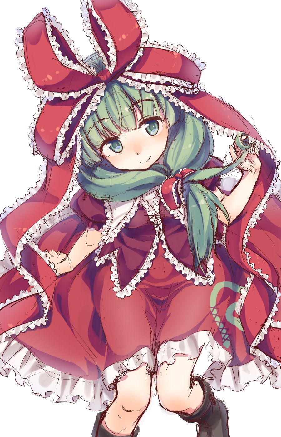 1girl bangs black_boots blunt_bangs boots closed_mouth eyebrows_visible_through_hair frills green_eyes green_hair hair_over_shoulder hair_twirling highres kagiyama_hina looking_at_viewer puffy_short_sleeves puffy_sleeves red_skirt short_sleeves simple_background skirt solo touhou usotsuki_penta white_background