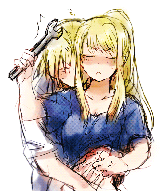 1boy 1girl annoyed blonde_hair blue_shirt blush closed couple edward_elric embarrassed eyebrows_visible_through_hair fullmetal_alchemist long_hair shirt simple_background sweatdrop tsukuda0310 white_background white_shirt winry_rockbell wrench