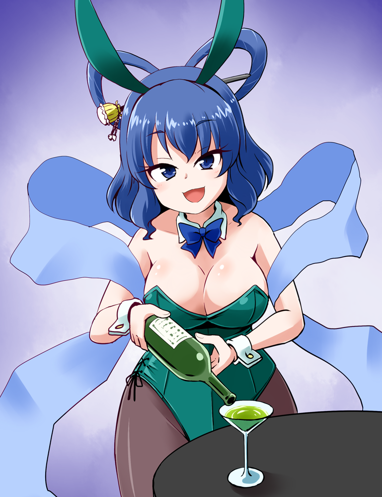 1girl alternate_costume animal_ears bare_shoulders black_legwear blue_eyes blue_hair bottle bow bowtie breasts bunny_girl bunnysuit chisel detached_collar fake_animal_ears glass glass_bottle green_leotard hair_ornament hair_rings hair_stick kaku_seiga kousei_(public_planet) leotard pantyhose rabbit_ears shawl table touhou wrist_cuffs