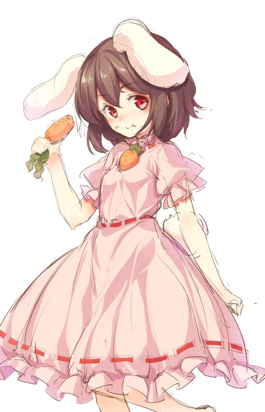 1girl animal_ears bangs brown_hair carrot carrot_necklace closed_mouth dress eating eyebrows_visible_through_hair food food_on_face highres holding inaba_tewi looking_at_viewer pink_dress rabbit_ears red_eyes short_hair short_sleeves simple_background solo touhou usotsuki_penta white_background