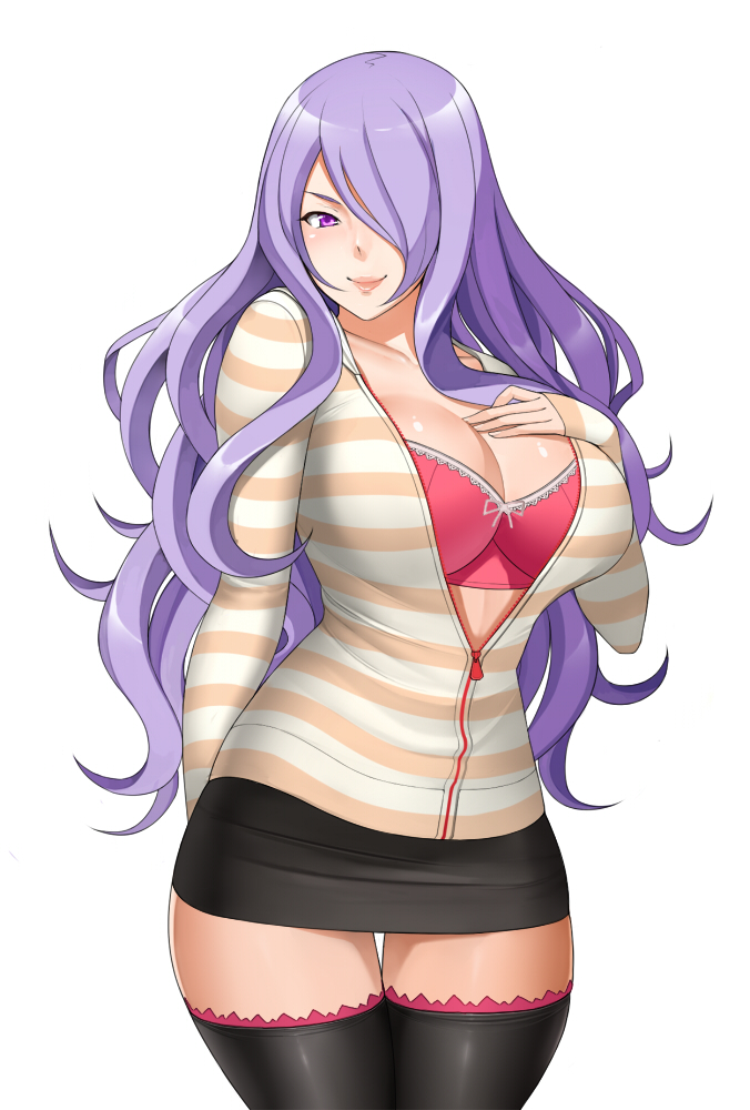 1girl alternate_costume black_legwear black_skirt blush bra breasts camilla_(fire_emblem_if) cardigan cleavage closed_mouth cowboy_shot fire_emblem fire_emblem_if hair_over_one_eye large_breasts long_hair long_sleeves looking_at_viewer metalbolic miniskirt open_cardigan open_clothes pink_bra purple_hair skirt smile solo thigh-highs underwear unzipped violet_eyes wavy_hair