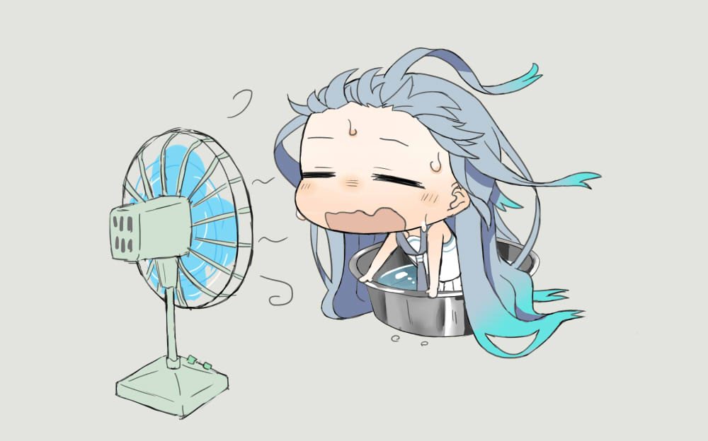 1girl blue_hair chibi closed_eyes commentary_request electric_fan grey_background kantai_collection long_hair multicolored_hair necktie ofly_(ofly252) open_mouth partially_submerged sailor_collar samidare_(kantai_collection) solo sweat tub two-tone_hair very_long_hair