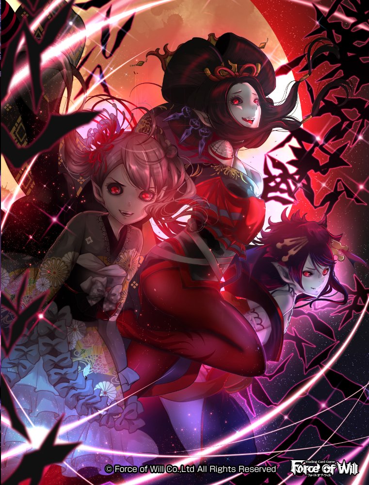 3girls bare_shoulders bat black_hair copyright_name fangs flower force_of_will hair_bun hair_flower hair_ornament hair_stick japanese_clothes kimono long_hair moon multiple_girls night night_sky official_art pantyhose pointy_ears purple_hair red_eyes siblings sisters sky sparkle spider_lily star_(sky) tattoo tongue twintails vampire