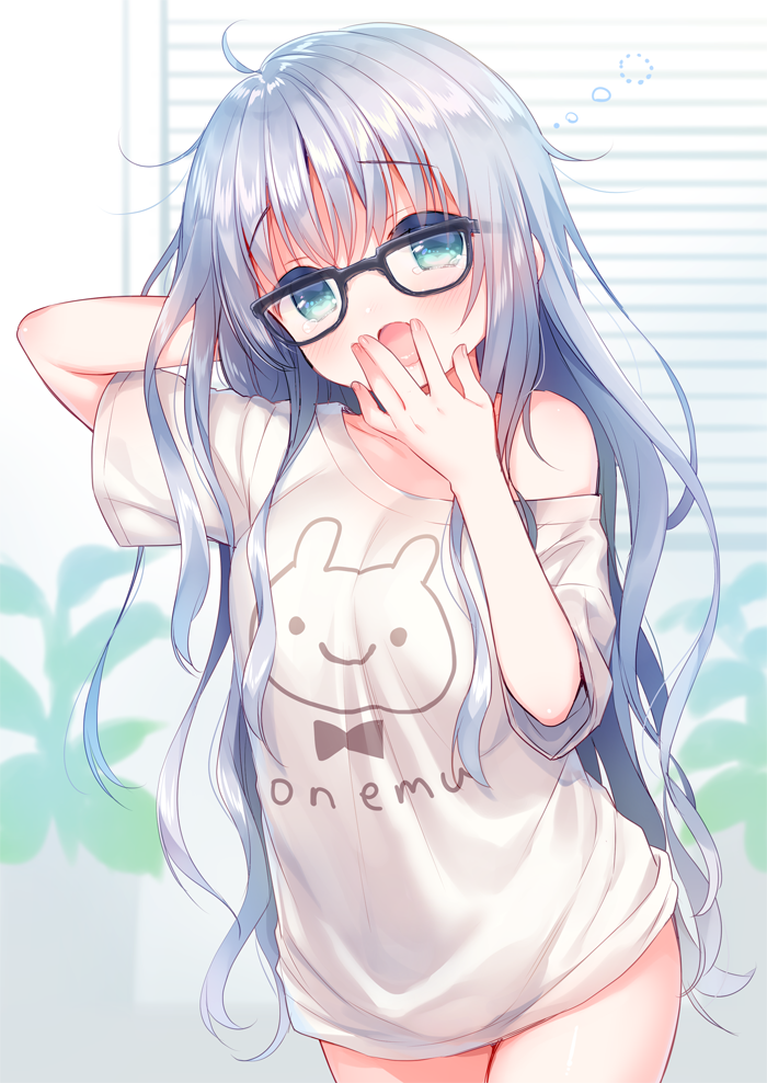 1girl :o ahoge animal_print bangs black-framed_eyewear blue_eyes blue_hair blush breasts bunny_print clothes_writing commentary_request cowboy_shot eyebrows_visible_through_hair glasses hand_behind_head hand_to_own_mouth head_tilt indoors long_hair looking_at_viewer medium_breasts no_pants off_shoulder open_mouth original plant potted_plant print_shirt shirt short_sleeves sketch sleepy solo standing tareme tears usashiro_mani very_long_hair white_shirt yawning