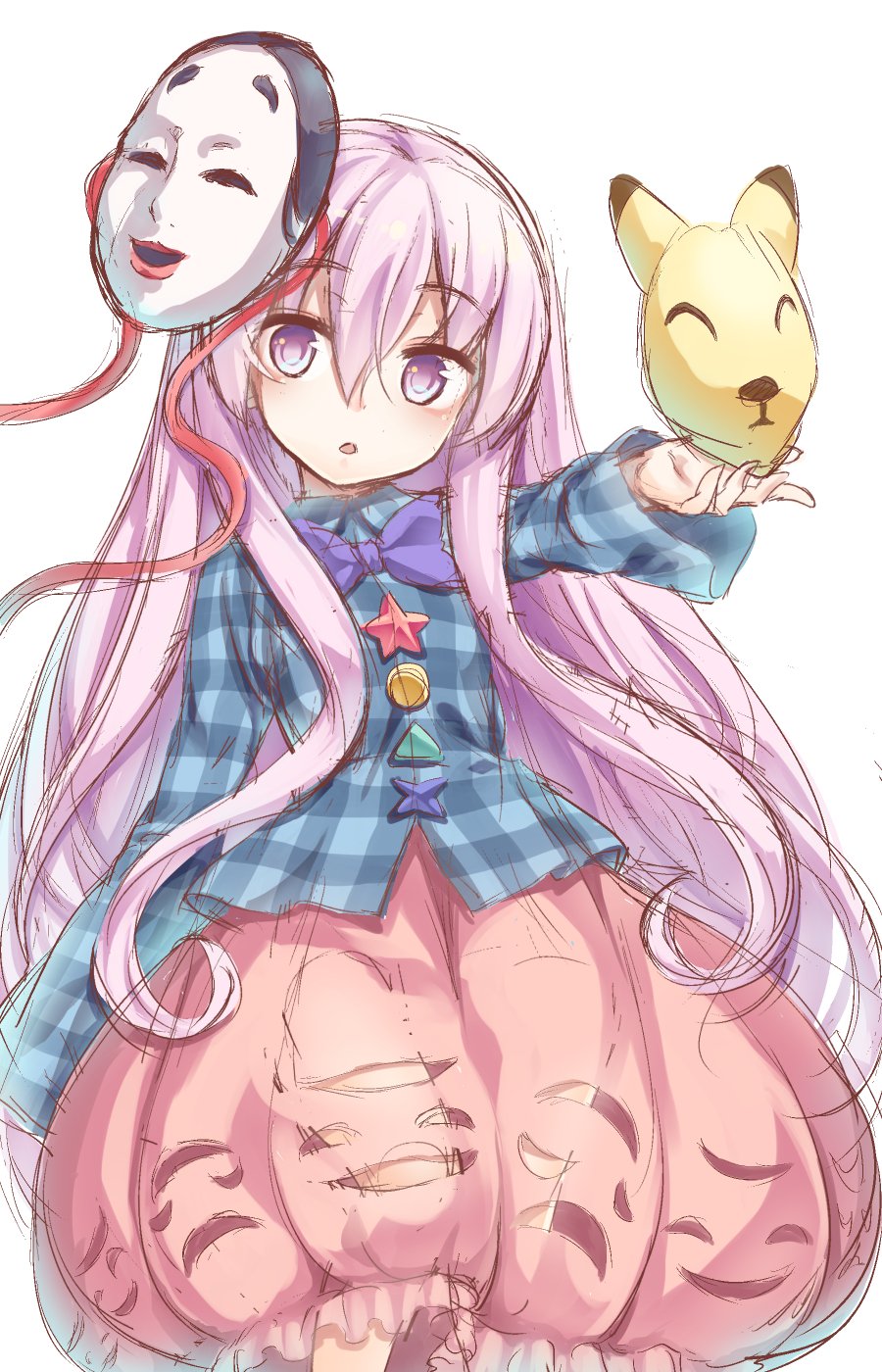 1girl bangs blue_bow blue_bowtie blue_shirt bow bowtie bubble_skirt expressionless eyebrows_visible_through_hair hair_between_eyes hata_no_kokoro highres holding holding_mask long_hair long_sleeves looking_at_viewer mask mask_on_head open_mouth pink_eyes pink_hair plaid plaid_shirt shirt sidelocks simple_background skirt solo star touhou usotsuki_penta very_long_hair white_background