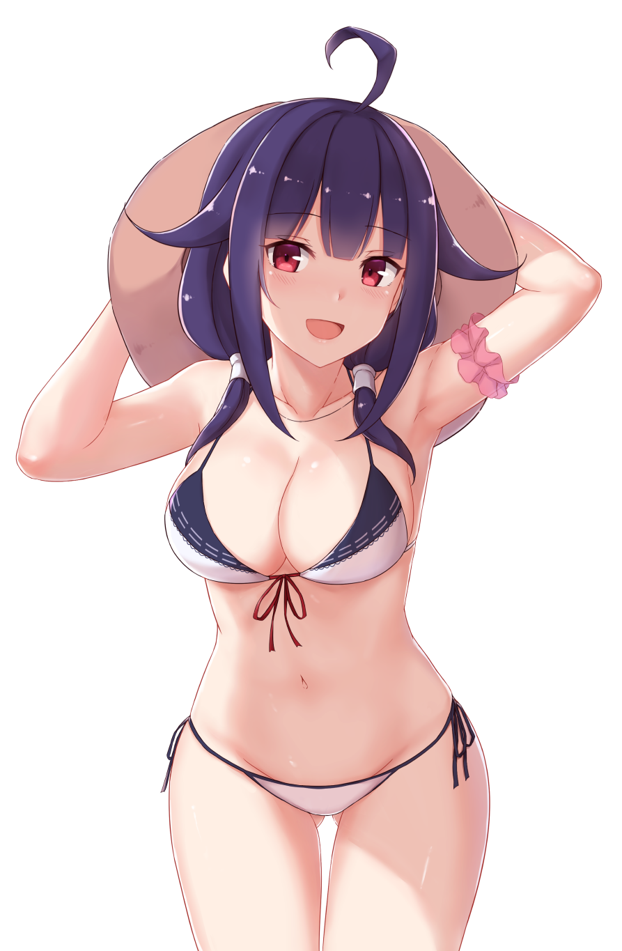 1girl ahoge armpits arms_up bangs bikini blush breasts cai_geng cleavage collarbone commentary_request eyebrows_visible_through_hair front-tie_top gluteal_fold hair_flaps hat highres kantai_collection medium_breasts navel open_mouth purple_hair red_eyes simple_background solo standing swimsuit taigei_(kantai_collection) white_background white_bikini