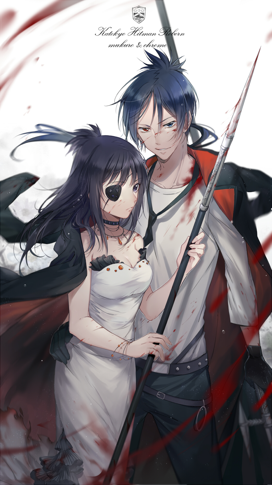 1boy 1girl belt black_gloves black_hair blood blood_on_face bloody_clothes blue_eyes breasts chrome_dokuro cleavage dress ekita_xuan eyepatch gloves hand_on_another's_hip heterochromia highres holding holding_weapon jacket_on_shoulders katekyo_hitman_reborn looking_at_viewer parted_lips polearm red_eyes rokudou_mukuro smile spear violet_eyes weapon white_dress wind