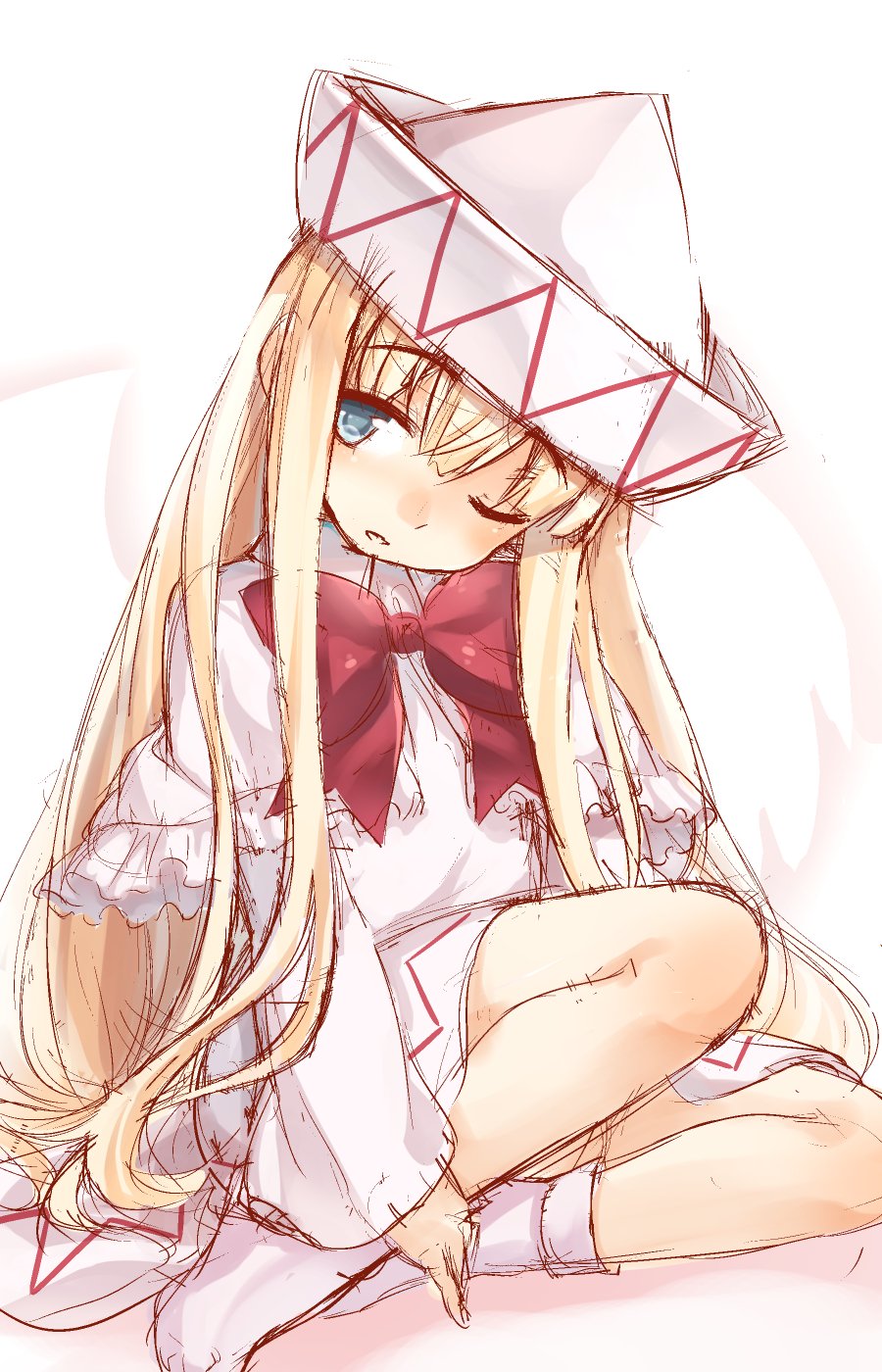 1girl bangs blonde_hair blue_eyes bow bowtie capelet eyebrows_visible_through_hair full_body hair_between_eyes hat highres lily_white long_hair long_sleeves looking_at_viewer no_shoes one_eye_closed open_mouth red_bow red_bowtie sidelocks sitting socks solo touhou usotsuki_penta very_long_hair white_background white_legwear