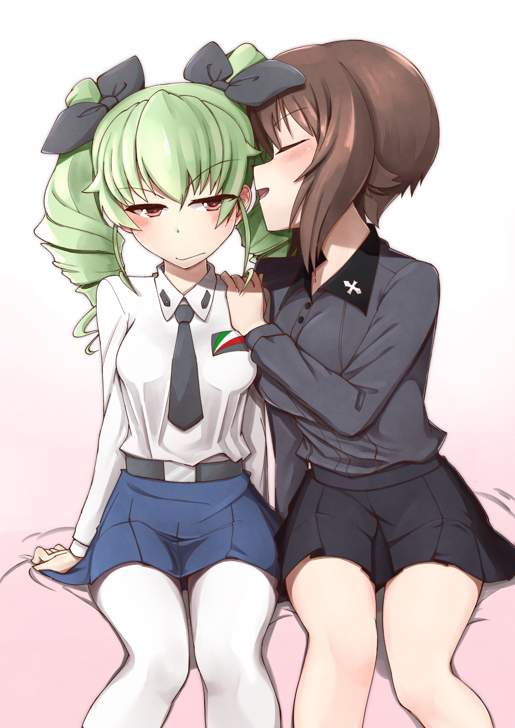 2girls :d anchovy annoyed anzio_school_uniform arm_support bangs bare_legs bed belt black_necktie black_skirt blue_skirt blush breasts brown_hair brown_kuromorimine_school_uniform closed_eyes closed_mouth commentary_request dress_shirt drill_hair emblem female frown girls_und_panzer green_hair grey_shirt half-closed_eyes hand_on_another's_shoulder highres large_breasts legs light_smile long_hair long_sleeves looking_at_viewer medium_breasts miniskirt multiple_girls neck necktie nishizumi_maho on_bed open_mouth pantyhose pleated_skirt red_eyes school_uniform shirt short_hair shy side-by-side sitting skirt smile tessa_(pekopekochan) twin_drills twintails whispering white_legwear white_pantyhose white_shirt yuri