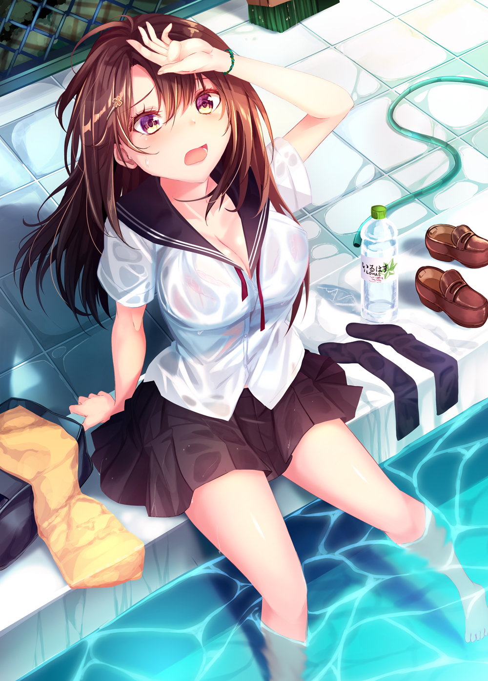 1girl arm_up bag bangs barefoot black_skirt blouse blush bra breasts brown_eyes brown_hair brown_shoes cleavage day eyebrows_visible_through_hair hair_between_eyes hair_ornament hairclip haruka_natsuki highres kneehighs large_breasts legs_apart loafers long_hair mop open_mouth original outdoors pink_bra pleated_skirt pool school_bag school_uniform serafuku shoes shoes_removed short_sleeves sitting skirt soaking_feet socks_removed solo sweat thighs towel underwear wet wet_clothes white_blouse wristband