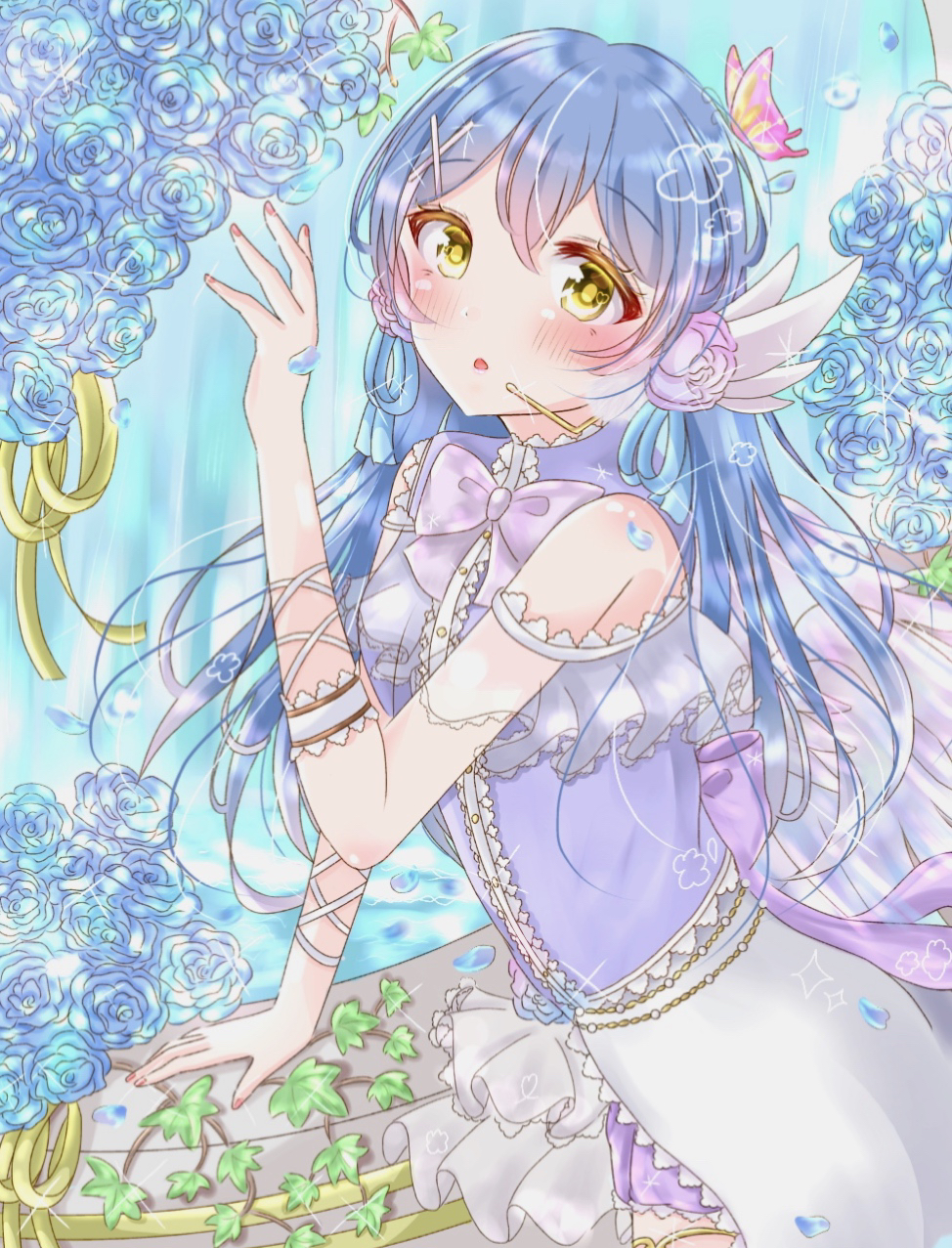 1girl angel angel_wings arm_support arm_up bangs bare_shoulders blue_hair bug butterfly butterfly_hair_ornament commentary_request dress eyebrows_visible_through_hair feathered_wings flower hair_between_eyes hair_ornament highres insect long_hair looking_at_viewer love_live! love_live!_school_idol_festival love_live!_school_idol_project parted_lips solo sonoda_umi white_wings wings yellow_eyes