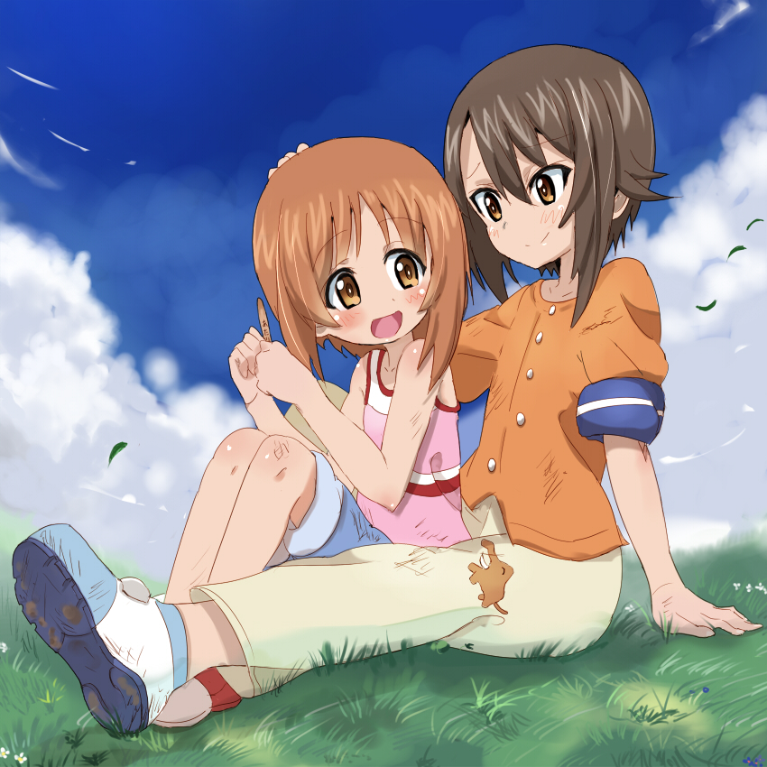 2girls alknasn bangs blue_shorts brown_pants closed_mouth clouds cloudy_sky day denim denim_shorts dirty_clothes dirty_face eyebrows_visible_through_hair girls_und_panzer hand_on_another's_head holding looking_at_another multiple_girls nishizumi_maho nishizumi_miho open_mouth orange_shirt outdoors pants pink_shirt popsicle_stick shirt shoes short_hair short_sleeves shorts siblings sisters sitting sky smile tank_top white_shoes wind younger
