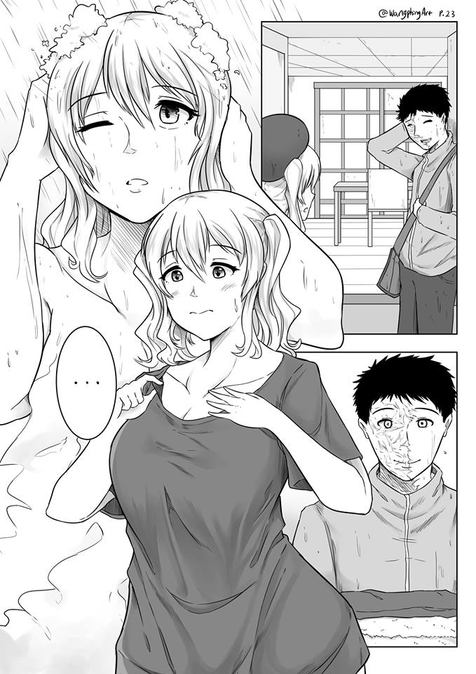 1boy 1girl artist_name bag bathing beret black_hair burn_scar chair closed_eyes comic commentary greyscale hand_on_own_head hat kantai_collection kashima_(kantai_collection) monochrome one_eye_closed original page_number robba-san_(wangphing) scar shampoo shirt silent_comic table tagme thigh-highs twintails wangphing wavy_hair white_hair