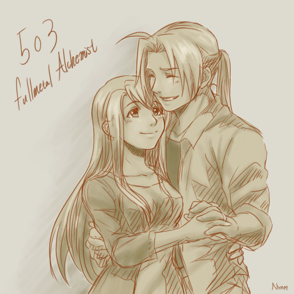 1boy 1girl artist_name closed_eyes copyright_name couple earrings edward_elric eyebrows_visible_through_hair fullmetal_alchemist greyscale grin happy interlocked_fingers jewelry long_hair looking_at_another monochrome number ponytail smile winry_rockbell