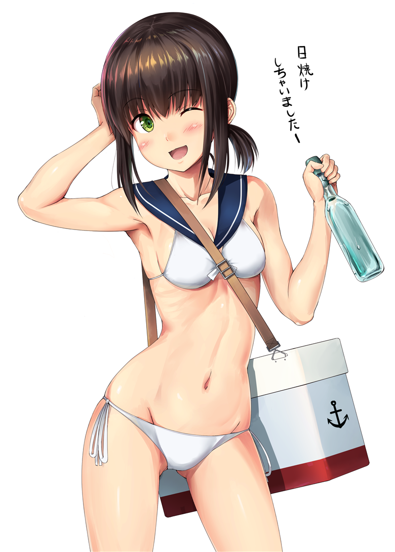 1girl ;d arm_up bikini black_hair blush breasts cleavage collarbone cowboy_shot drink eyebrows_visible_through_hair fubuki_(kantai_collection) gluteal_fold green_eyes ichikawa_feesu kantai_collection navel one_eye_closed open_mouth sailor_bikini sailor_collar short_ponytail shoulder_blades side-tie_bikini simple_background small_breasts smile solo swimsuit translation_request white_background