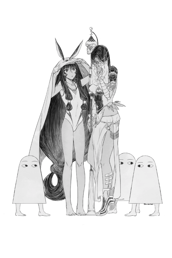 animal_ears barefoot black_hair circlet cosplay dark_skin fate/grand_order fate_(series) jewelry long_hair medjed medjed_(cosplay) monochrome nitocris_(fate/grand_order) nor_(reader13) one-piece_swimsuit profile rabbit_ears scheherazade_(fate/grand_order) sidelocks skirt staff swimsuit veil very_long_hair