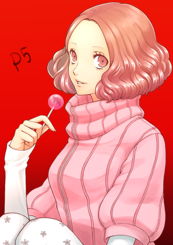 1girl brown_eyes brown_hair candy commentary_request floral_print flower food hitoki_(kokusei1977) lollipop long_sleeves okumura_haru pantyhose persona persona_5 pink_sweater print_legwear red_background short_hair smile solo sweater turtleneck turtleneck_sweater white_legwear