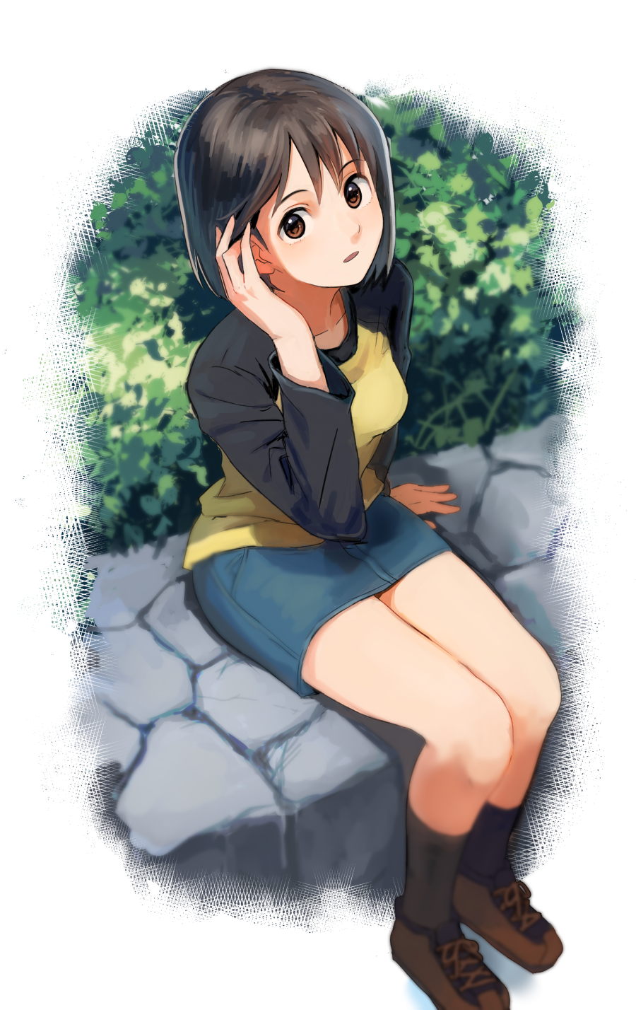 1girl adjusting_hair bangs black_hair bob_cut brown_eyes commentary eyebrows_visible_through_hair full_body hair_between_eyes highres long_sleeves looking_at_viewer miniskirt nakahara_misaki nashigaya_koyomi nhk_ni_youkoso! open_mouth outdoors raglan_sleeves shoes short_hair sitting sitting_on_wall skirt socks solo stone_wall wall