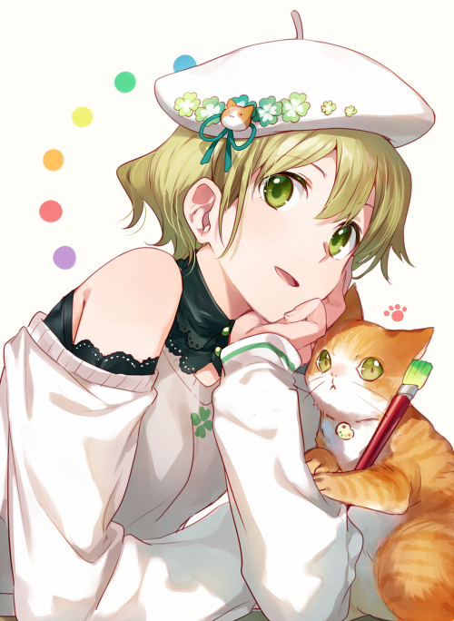 1girl animal_on_arm arm_rest asahikawa_hiyori beret blonde_hair cat clover color_guide detached_collar detached_sleeves floral_print four-leaf_clover green_eyes hat hat_ornament head_rest looking_at_viewer open_mouth original paintbrush palette paw_print short_hair simple_background solo sweater white_background white_sweater