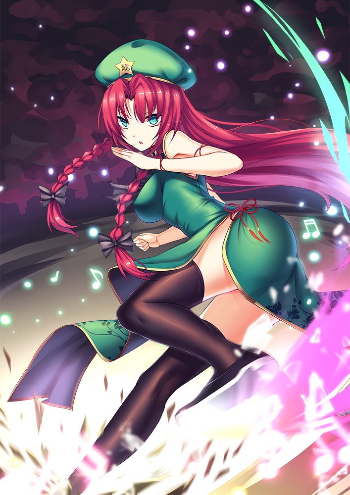 1girl ass black_bow black_legwear black_shoes bow braid breasts china_dress chinese_clothes commentary_request dress green_eyes green_hat hair_bow hat hong_meiling koissa long_hair looking_at_viewer medium_breasts musical_note red_ribbon redhead ribbon shoes solo star thigh-highs touhou twin_braids very_long_hair