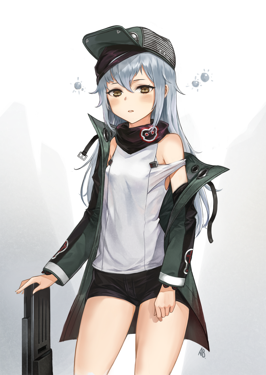 1girl aliceblue assault_rifle bandanna bangs black_shorts blush brown_eyes cowboy_shot flat_cap g11 g11_(girls_frontline) girls_frontline grey_hair gun hair_between_eyes hat highres jacket long_hair looking_at_viewer open_clothes open_jacket parted_lips rifle short_shorts shorts silver_hair solo thighs tsurime weapon