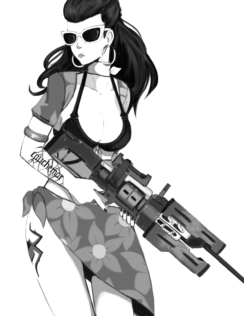 1girl alternate_costume arm_tattoo bikini breasts choker cleavage collarbone cote_d'azur_widowmaker cowboy_shot earrings floral_print front-tie_bikini front-tie_top gun highres holding holding_gun holding_weapon hoop_earrings jewelry leg_tattoo long_hair looking_to_the_side medium_breasts mirrorofmystics monochrome nail_polish overwatch ponytail ribbon_choker rifle sarong short_sleeves simple_background sketch sniper_rifle solo sunglasses swimsuit tattoo trigger_discipline weapon white_background widowmaker_(overwatch)