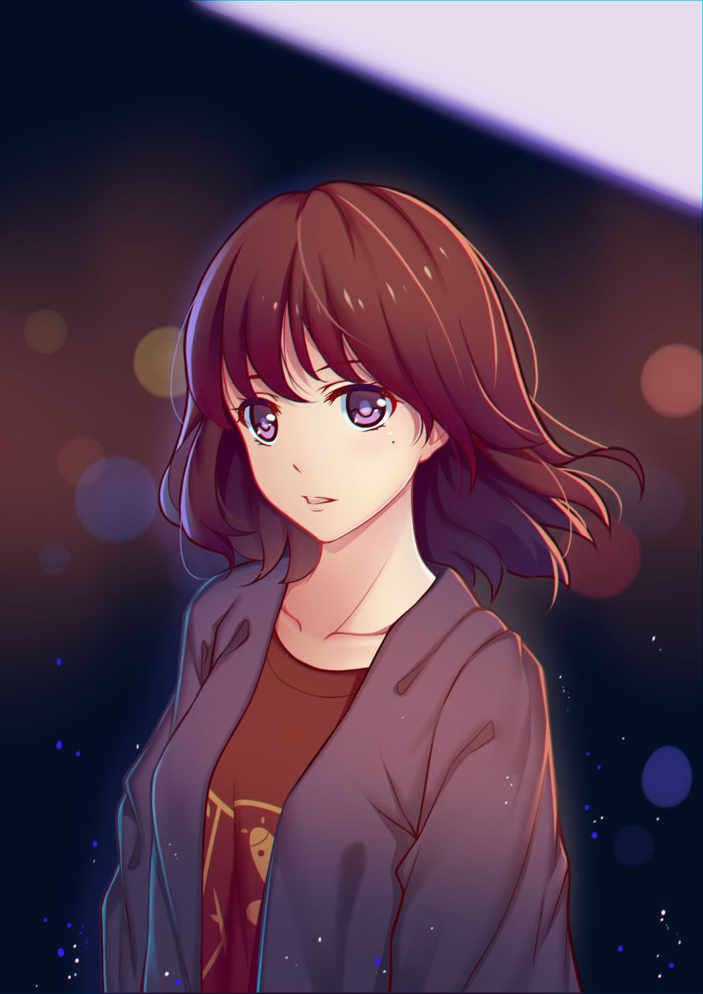 1girl aira5 arms_at_sides bangs breasts brown_hair brown_shirt collarbone eyebrows_visible_through_hair eyelashes floating_hair highres jacket katou_megumi long_hair long_sleeves looking_at_viewer mole mole_under_eye night open_clothes open_jacket parted_lips saenai_heroine_no_sodatekata shirt small_breasts solo undershirt upper_body upper_teeth violet_eyes wind