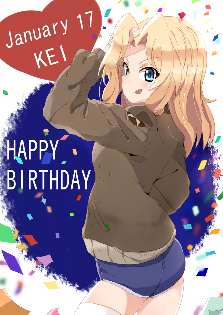 1girl :p adjusting_hair alknasn blonde_hair blue_eyes blue_shorts brown_jacket character_name confetti cowboy_shot dated denim denim_shorts eyebrows_visible_through_hair from_side girls_und_panzer hair_intakes hand_in_pocket happy_birthday heart kay_(girls_und_panzer) long_hair long_sleeves looking_at_viewer military military_uniform short_shorts shorts solo standing star thigh-highs tongue tongue_out uniform white_legwear