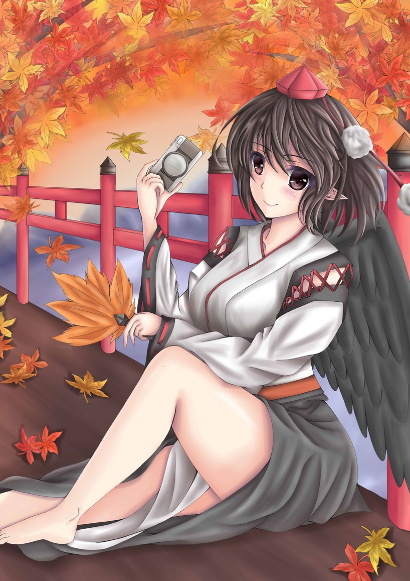 1girl :&gt; against_railing autumn autumn_leaves bare_legs barefoot bird_wings black_eyes black_hair bridge camera day detached_sleeves falling_leaves feathered_wings hat knee_up kourindou_tengu_costume leaf leaf_fan looking_at_viewer maple_leaf outdoors pointy_ears shameimaru_aya short_hair sitting smile solo tokin_hat touhou tree_branch water wings yousi