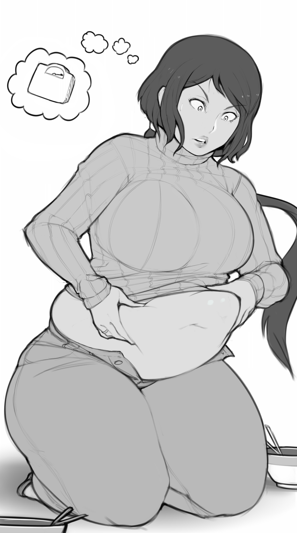 1girl belly belly_grab breasts clothes_lift fat grabbing greyscale gundam gundam_build_fighters highres huge_breasts iori_rinko monochrome navel open_mouth pewbutt plump short_hair sweat sweater sweater_lift thick_thighs thighs weighing_scale weight_conscious