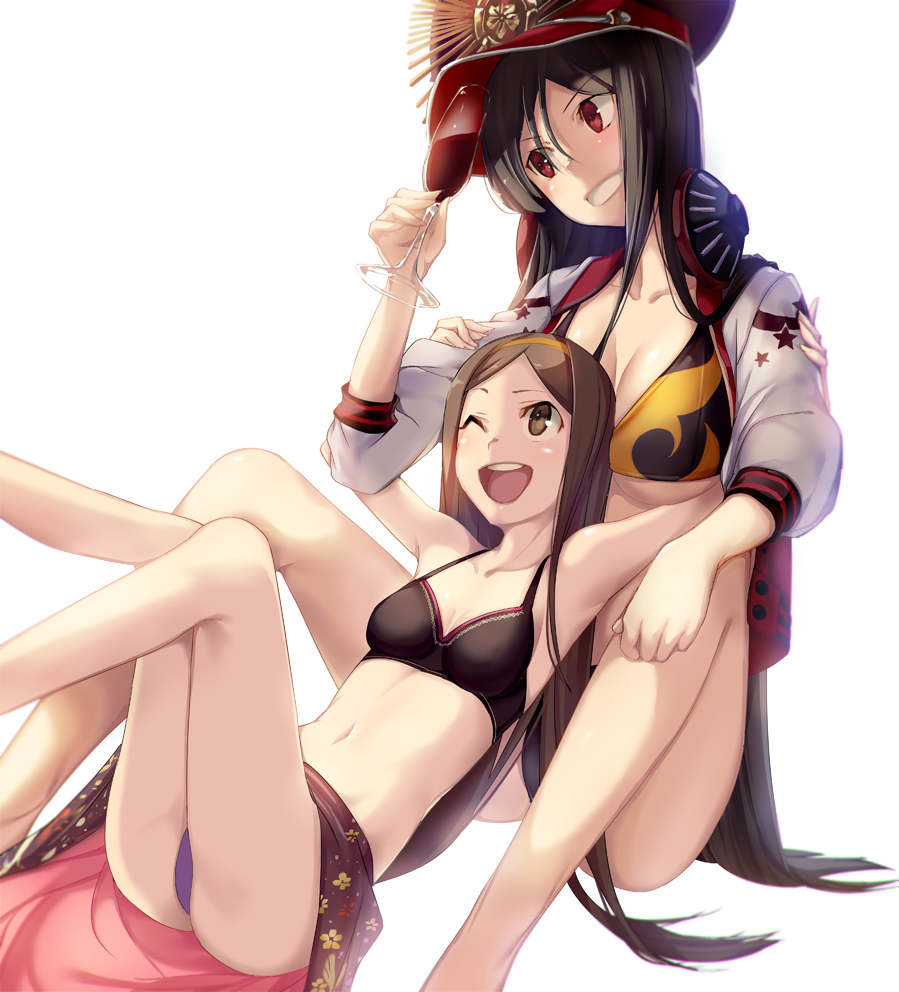 2girls ;d alcohol ass aunt_and_niece bikini black_bikini black_hair breasts brown_eyes chacha_(fate/grand_order) cleavage cup drinking_glass fate/grand_order fate_(series) grin hairband hat headphones headphones_around_neck hood hooded_jacket jacket multiple_girls navel oda_nobunaga_(swimsuit_berserker)_(fate) one_eye_closed open_mouth red_eyes satou_daiji sitting smile swimsuit teeth wine wine_glass