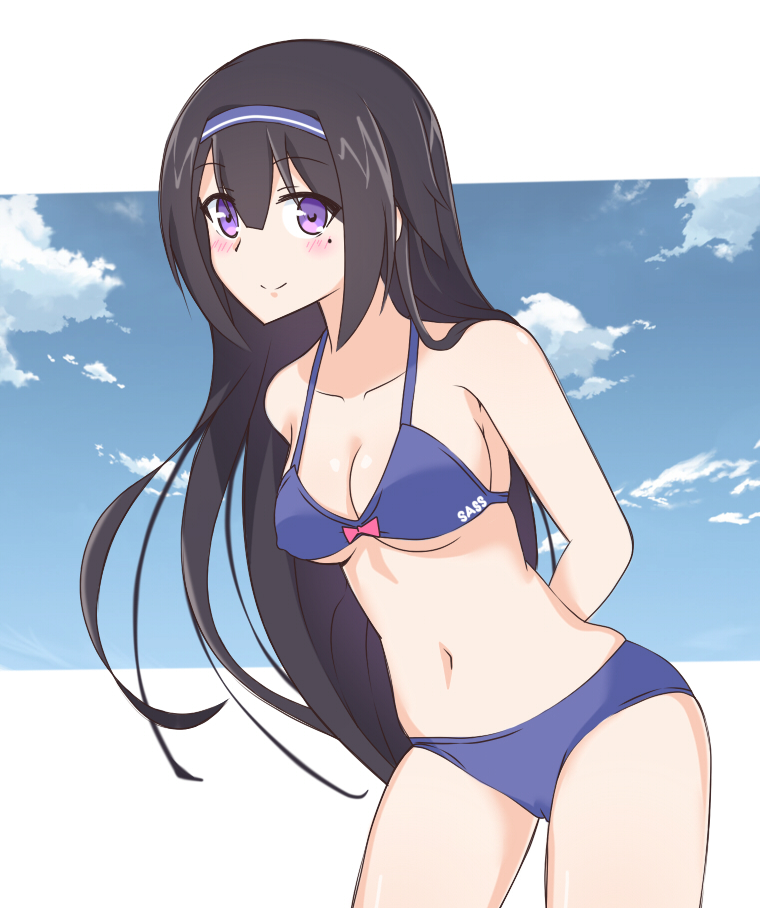 1girl bending_forward bikini black_hair girls_frontline hairband long_hair mole mole_under_eye smile super_sass_(girls_frontline) swimsuit vanna violet_eyes