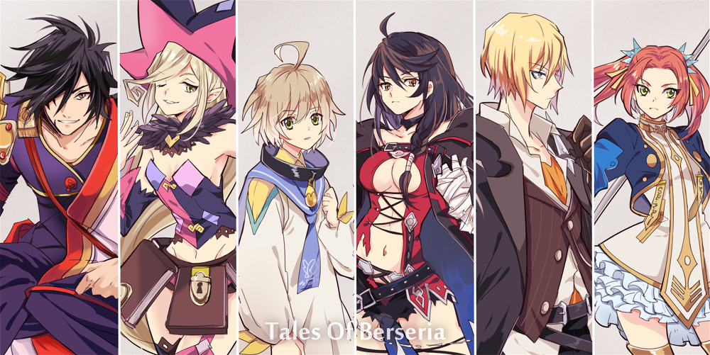 3boys 3girls ahoge armpits bandage bandaged_arm black_choker black_coat black_hair black_shorts blonde_hair blue_jacket book braid brown_hair column_lineup copyright_name cowboy_shot cropped_jacket dress eizen_(tales) eleanor_hume green_eyes grey_background hair_over_one_eye hat jacket japanese_clothes kimono laphicet_(tales) long_hair looking_at_viewer magilou_(tales) messy_hair multiple_boys multiple_girls navel one_eye_closed pointy_ears redhead revealing_clothes robe rokurou_rangetsu short_hair short_shorts shorts smile tales_of_(series) tales_of_berseria thigh-highs twintails velvet_crowe white_dress witch_hat yurichi_(artist)