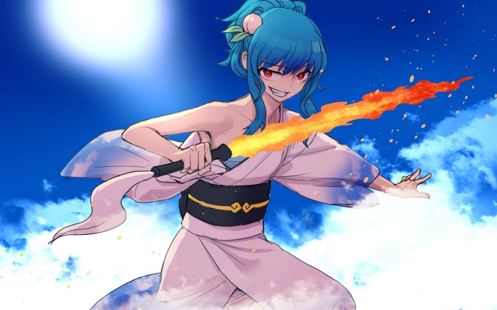 1girl alternate_costume alternate_hairstyle blue_hair blue_sky clouds flaming_sword food_themed_hair_ornament grin hair_ornament headwear_removed hinanawi_tenshi japanese_clothes kimono long_hair looking_at_viewer obi peach_hair_ornament red_eyes sash sky smile smirk solo sun sword sword_of_hisou teeth tied_hair touhou weapon yukata