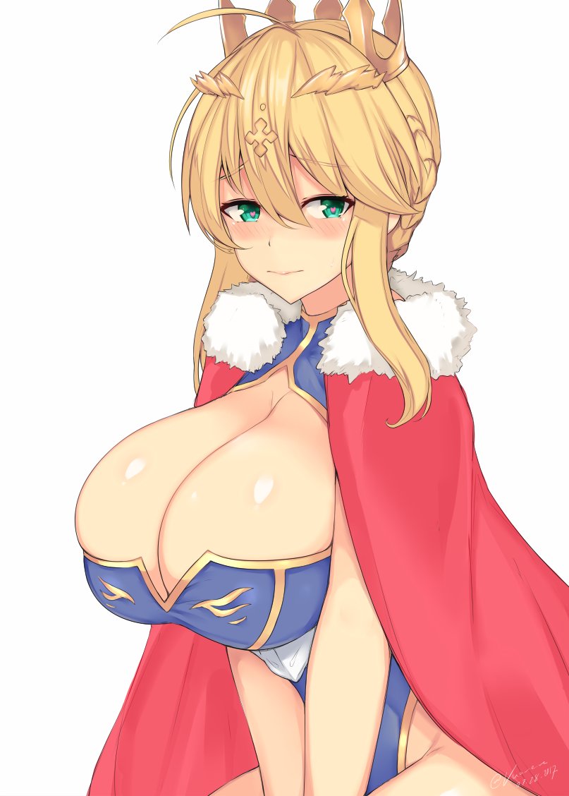 1girl ahoge artoria_pendragon_(all) artoria_pendragon_lancer_(fate/grand_order) bangs between_legs blonde_hair blue_leotard blush braid breasts bursting_breasts cape cleavage cleavage_cutout commentary_request crown dated fate/grand_order fate_(series) fur-trimmed_cape fur_trim green_eyes hair_between_eyes hand_between_legs heart heart-shaped_pupils highleg highleg_leotard huge_breasts kuavera leotard looking_at_viewer looking_to_the_side red_cape side_braid sidelocks signature simple_background solo swept_bangs symbol-shaped_pupils white_background