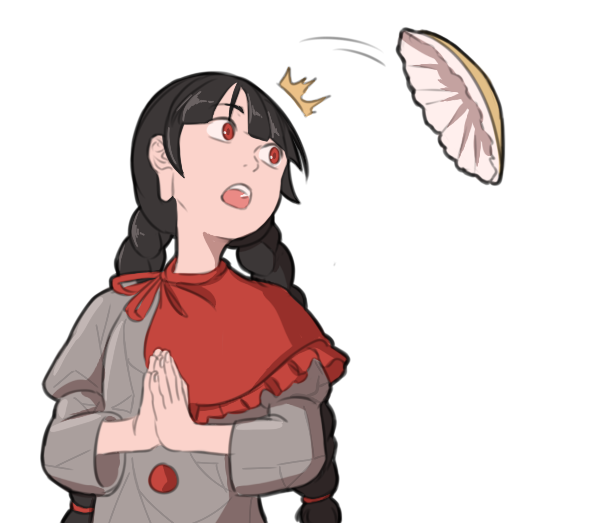 1girl ajirogasa black_hair braid buttons capelet commentary dress earlobes grey_dress hands_together hat hat_removed headwear_removed long_hair mefomefo open_mouth red_eyes red_ribbon ribbon solo touhou twin_braids upper_body white_background yatadera_narumi