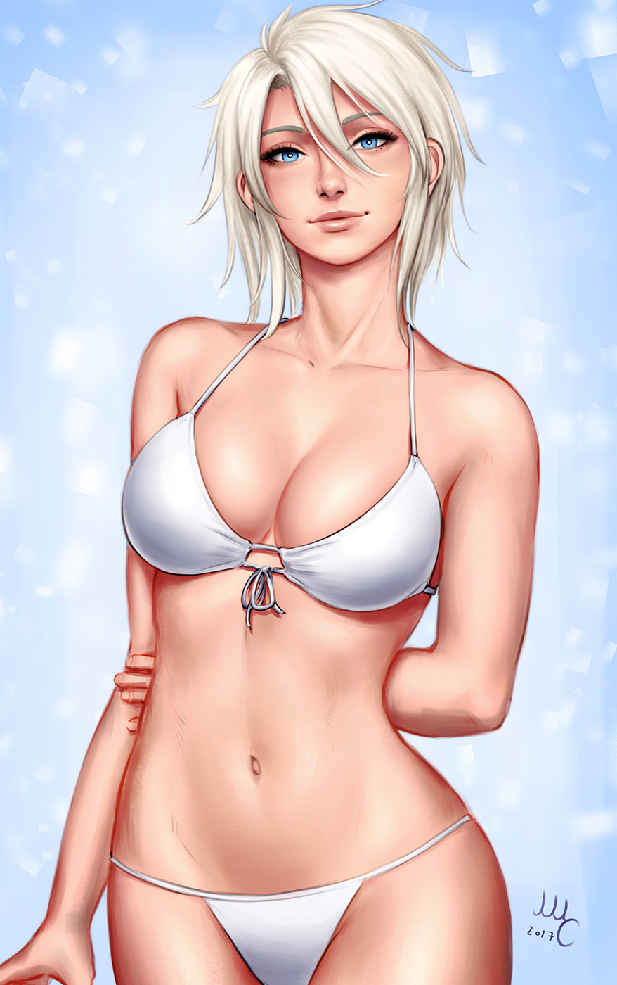 1girl arm_at_side arm_behind_back bare_arms bare_shoulders bikini blue_background blue_eyes borrowed_character breasts bright_pupils cleavage closed_mouth collarbone dated front-tie_bikini front-tie_top gradient gradient_background hair_between_eyes halterneck hand_on_own_arm highres large_breasts looking_at_viewer mirco_cabbia navel original ribbon short_hair signature solo stomach swimsuit white_bikini white_hair white_ribbon