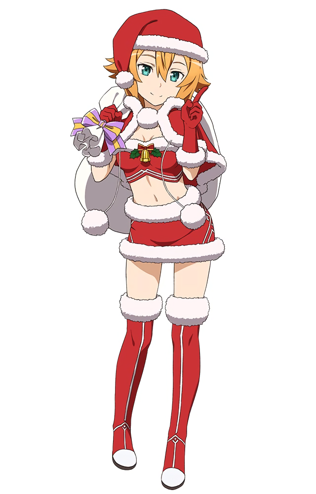 1girl aqua_eyes bell boots carrying_over_shoulder full_body fur_trim gloves hair_between_eyes hat index_finger_raised looking_at_viewer midriff navel official_art orange_hair over-kneehighs petticoat philia_(sao) red_gloves sack santa_costume santa_hat short_hair simple_background smile solo sword_art_online thigh-highs white_background