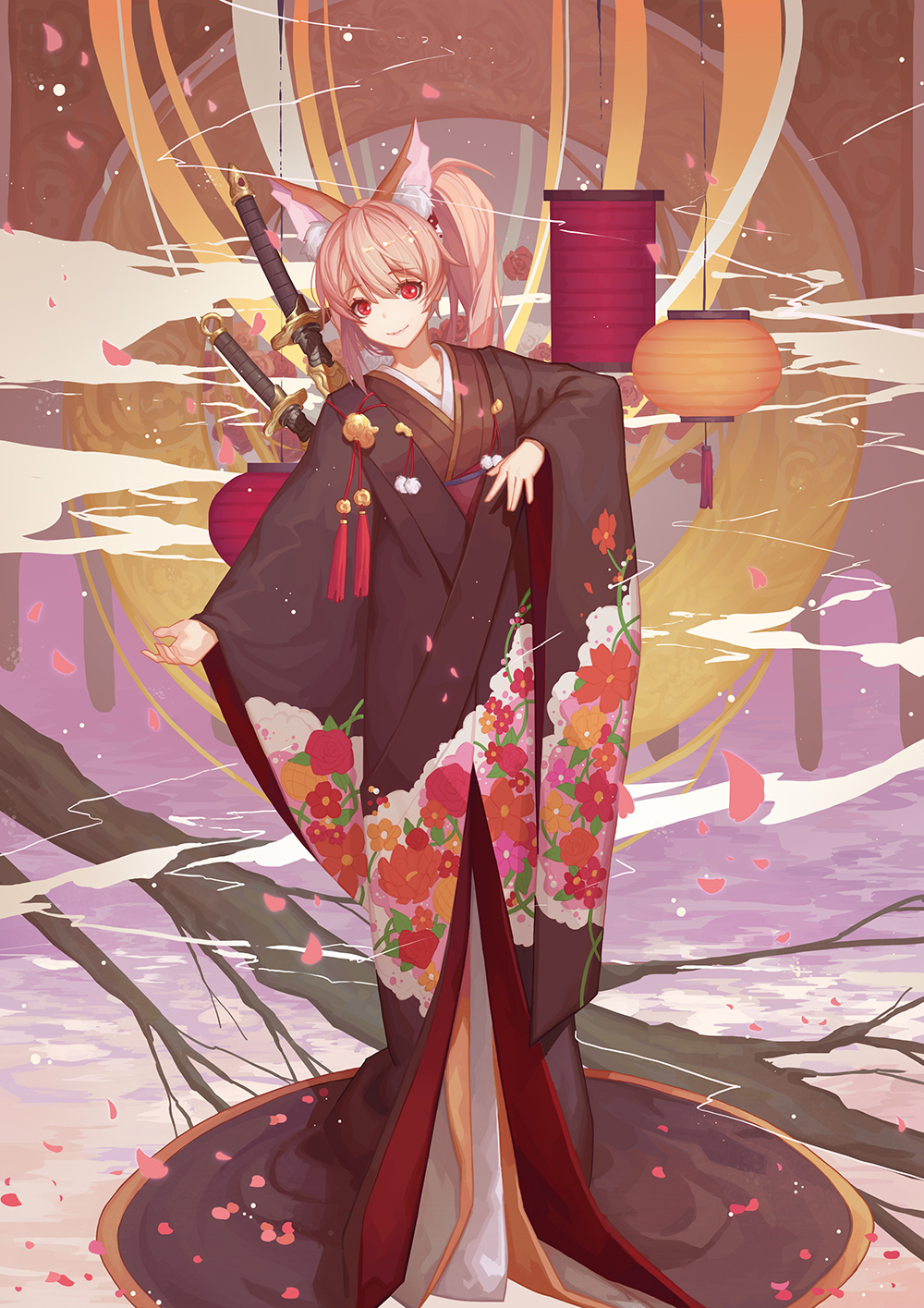 1girl animal_ears bangs eyebrows_visible_through_hair floral_print fox_ears full_body highres japanese_clothes katana kimono lantern long_hair looking_at_viewer original outstretched_arm paper_lantern petals pink_hair pom_pom_(clothes) red_eyes side_ponytail smile solo standing sword tree weapon youxuemingdie