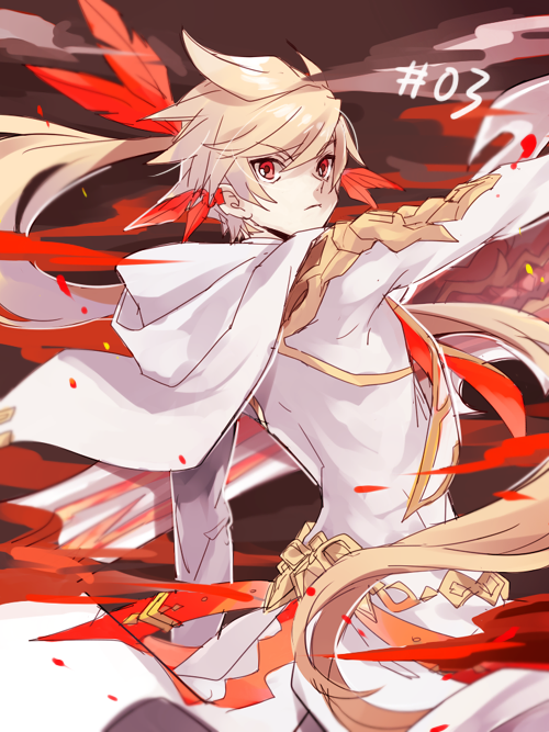 1boy blonde_hair brown_background cowboy_shot earrings feather_earrings fire hood jewelry kamui_(tales_of_zestiria) lailah_(tales) long_hair looking_at_viewer male_focus ponytail red_eyes serious sketch solo sorey_(tales) tales_of_(series) tales_of_zestiria white_coat yurichi_(artist)