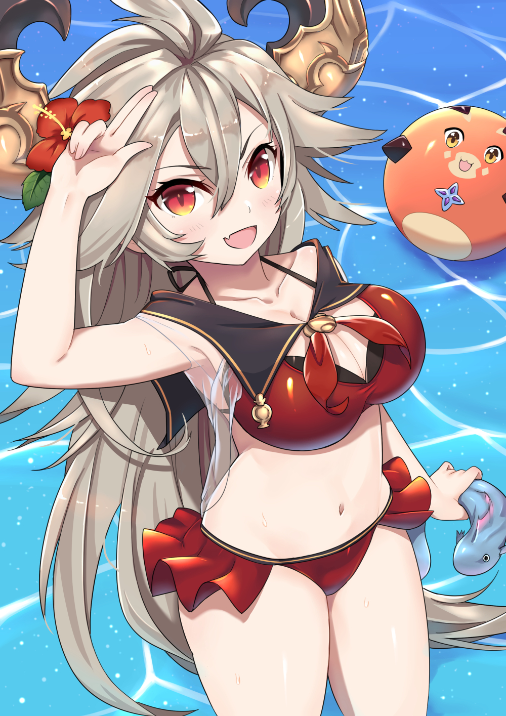 &gt;:d 1girl :d ball beachball bikini blush breasts brown_eyes brown_hair collarbone commentary_request doraf eyebrows_visible_through_hair fang flower frilled_bikini frills from_above granblue_fantasy hair_between_eyes hair_flower hair_ornament highres holding horns large_breasts lo_xueming long_hair navel open_mouth red_bikini red_eyes sailor_collar sarasa_(granblue_fantasy) smile solo standing swimsuit vee_(granblue_fantasy) very_long_hair water