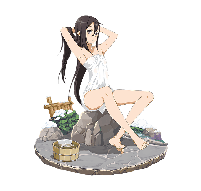 1boy androgynous armpits arms_behind_head artist_request barefoot black_eyes black_hair bucket collarbone crossed_ankles expressionless faux_figurine feet full_body hair_between_eyes hands_in_hair kirito kirito_(sao-ggo) long_hair looking_at_viewer naked_towel official_art rock simple_background sitting sitting_on_rock snow solo sword_art_online towel transparent_background trap very_long_hair water wet white_background